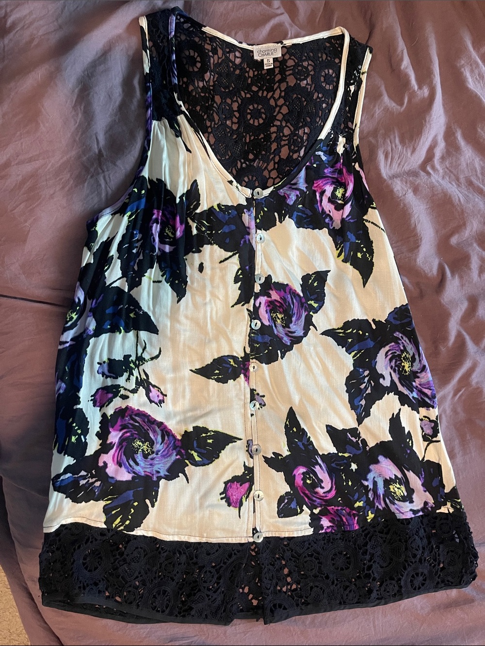 Charming Charlie Cream Floral Tank Top with Black Lace Trim